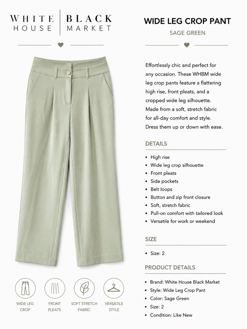 White House Black Market Sage Green Wide Leg Crop Pant